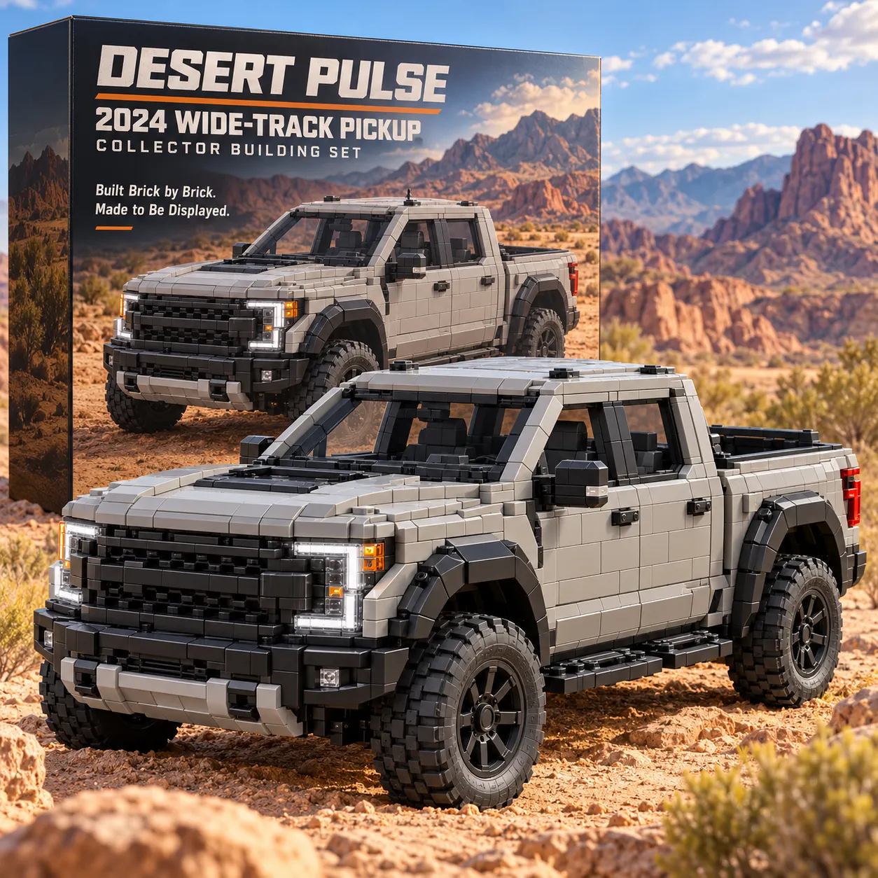 DESERT PULSE brick-built wide-track pickup in a rocky desert setting with its collector building set box