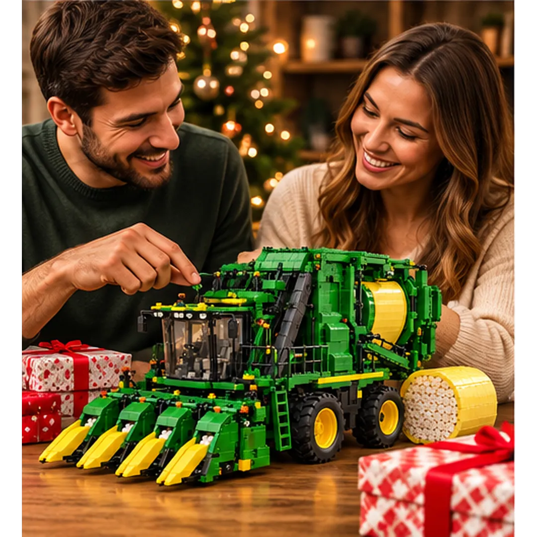 Couple admiring a detailed green-and-yellow Harvest Six cotton picker collector model beside wrapped holiday gifts