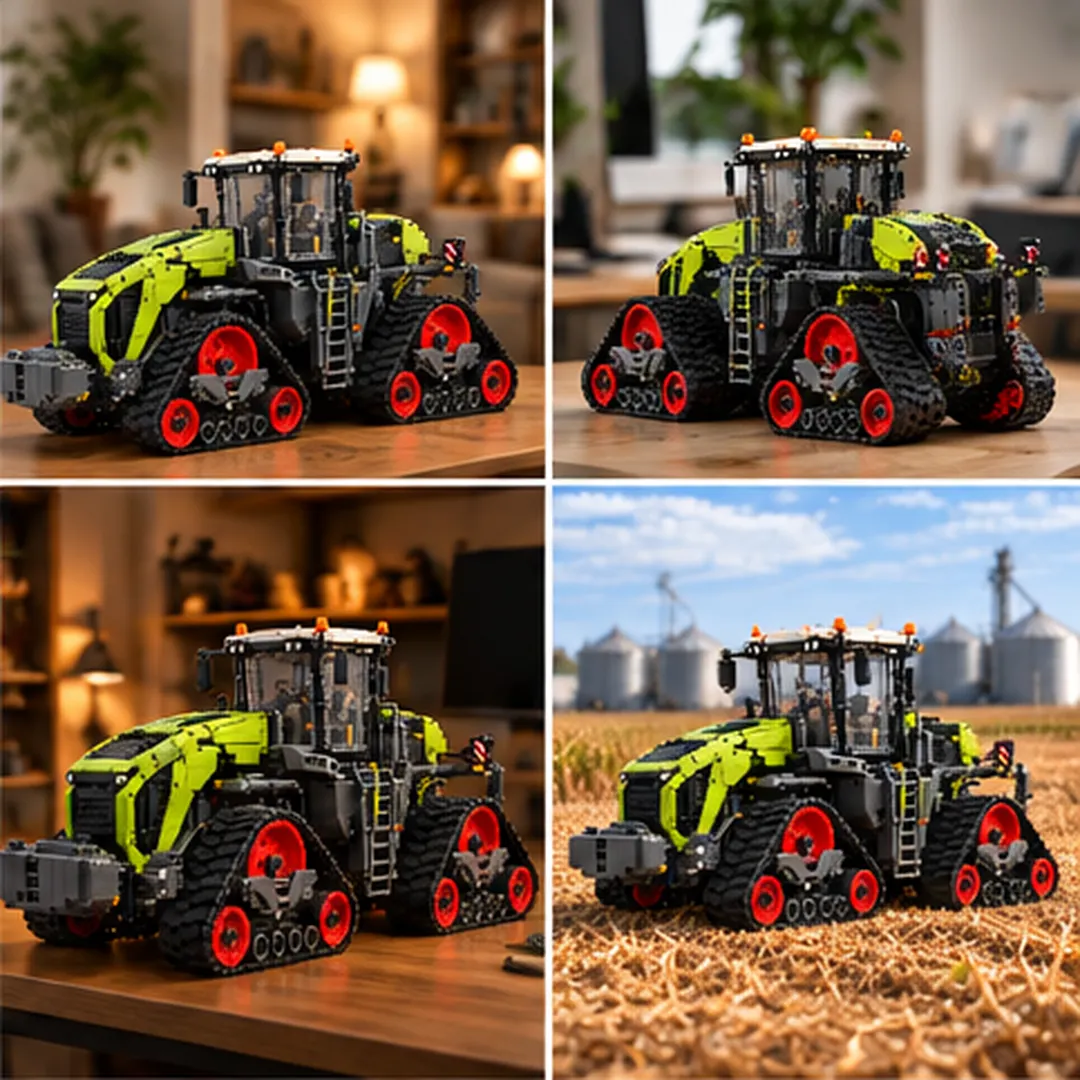 Field Powerhouse four-track tractor collector model displayed in a living room, home office, shelf and harvested-field setting