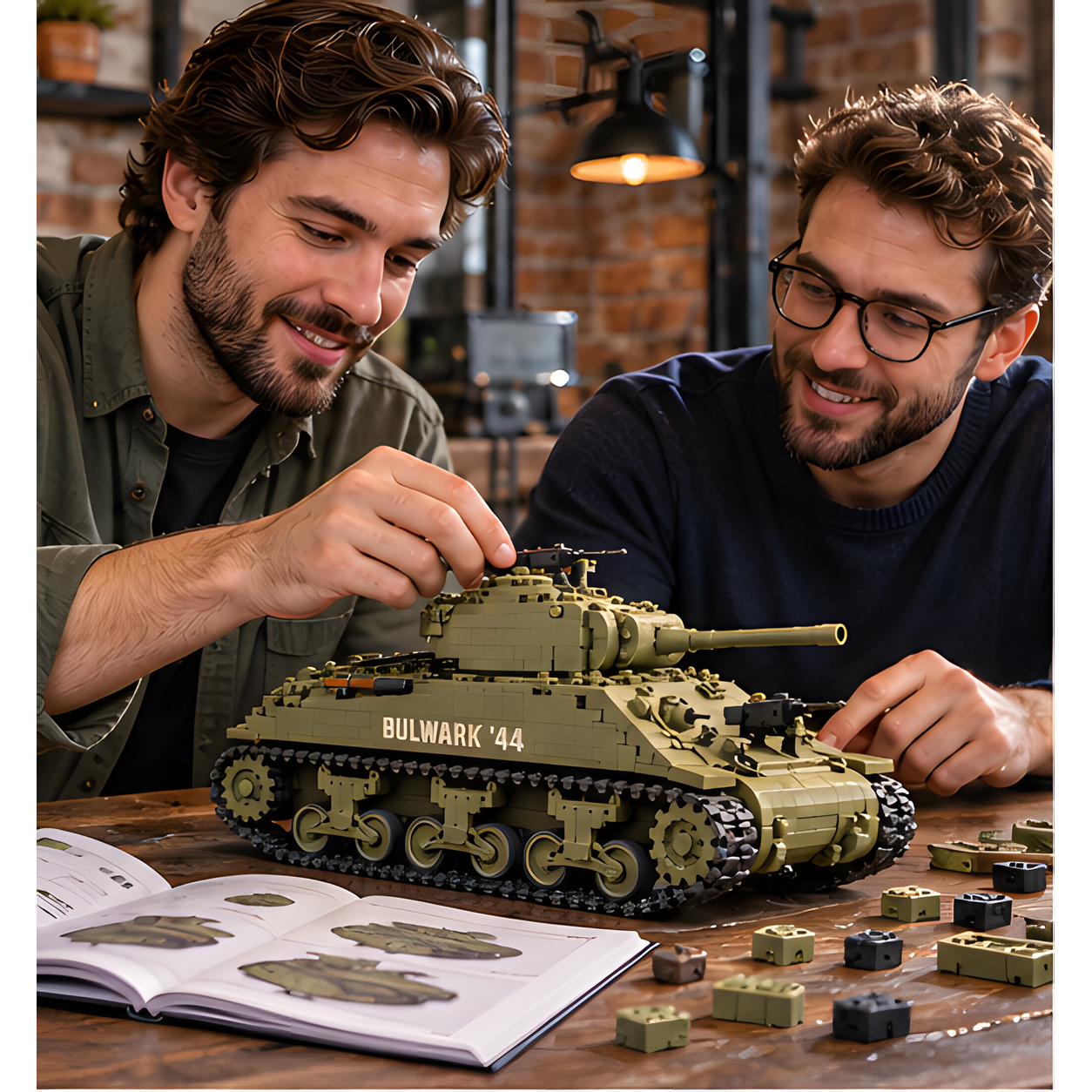 Two adult friends working together on the olive-drab brick-built tank at a wooden table with building instructions and loose pieces.