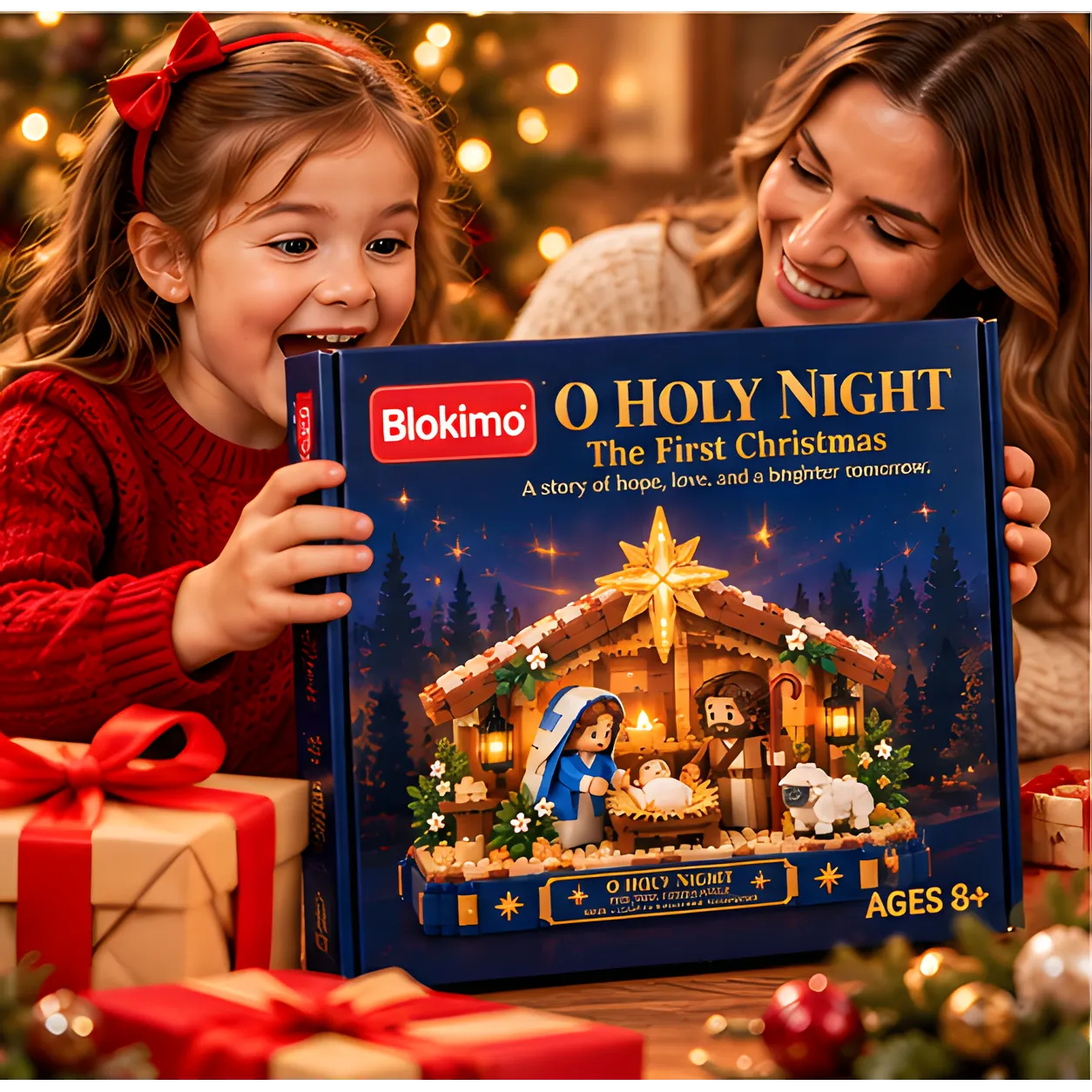 Girl and adult holding navy O Holy Night Christmas building set box together beside wrapped holiday presents
