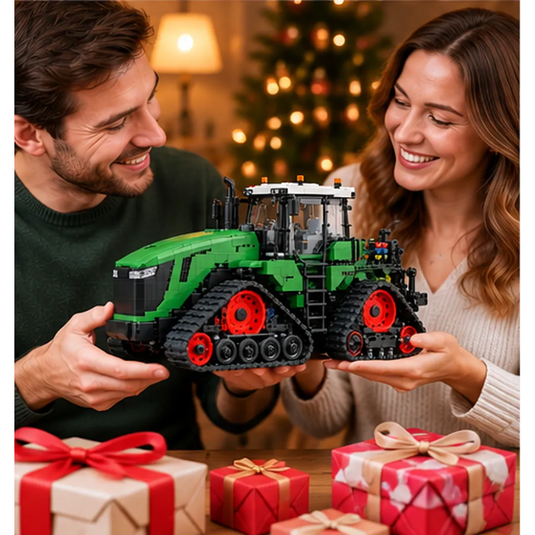 Smiling couple holding a tracked tractor brick model with wrapped Christmas gifts nearby