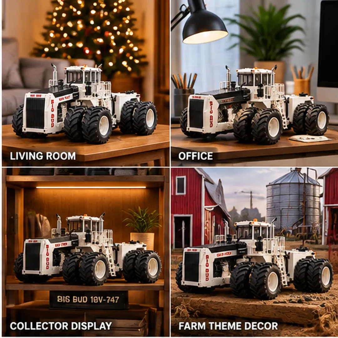 Big Bud model close-ups of tall grille, enclosed cab, access ladder and dual deep-tread tires