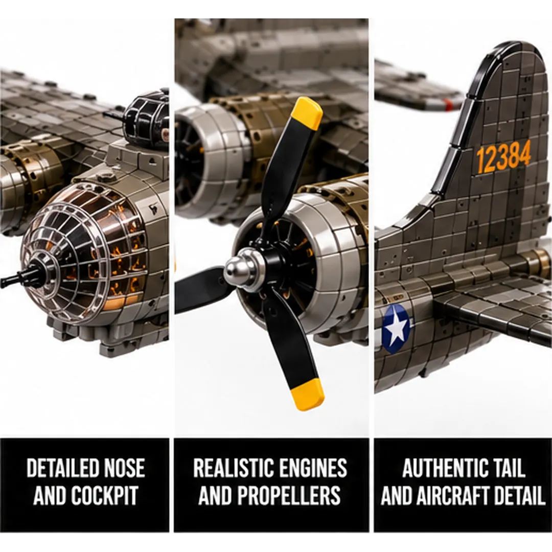 B-17 brick-built aircraft shown in home office hobby shelf and aviation-inspired display settings