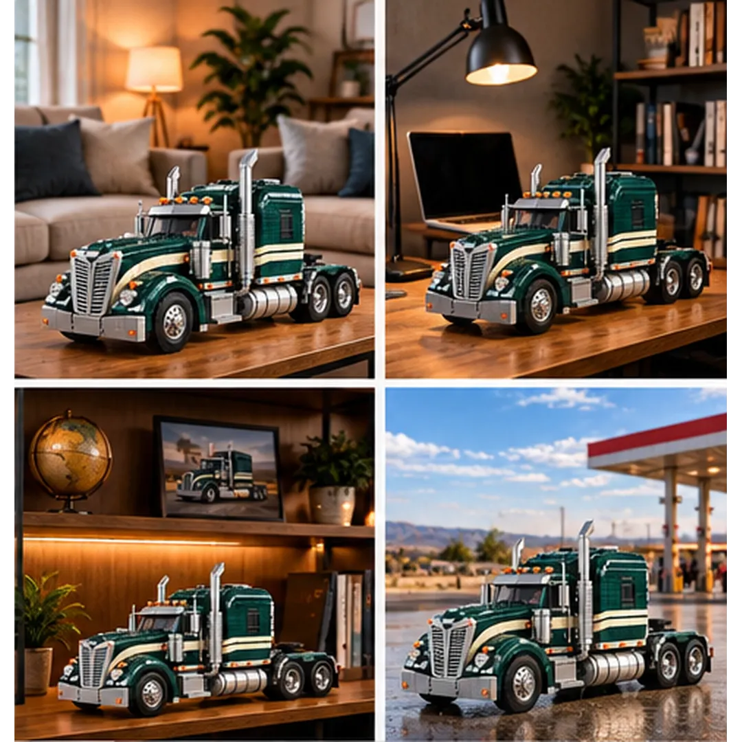 Four display scenes of the green highway truck building model in home, office, shelf, and roadside settings