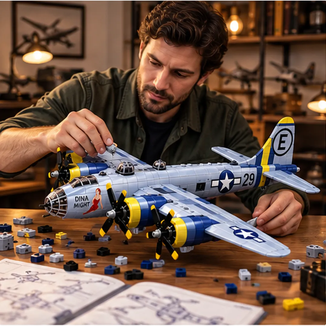 Adult aviation enthusiast working on a four-engine B-29 Superfortress building-brick model at a wooden table with loose pieces and instructions