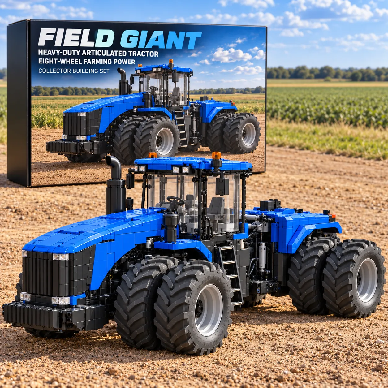 Blue eight-wheel tractor building model on a farm field with FIELD GIANT collector packaging