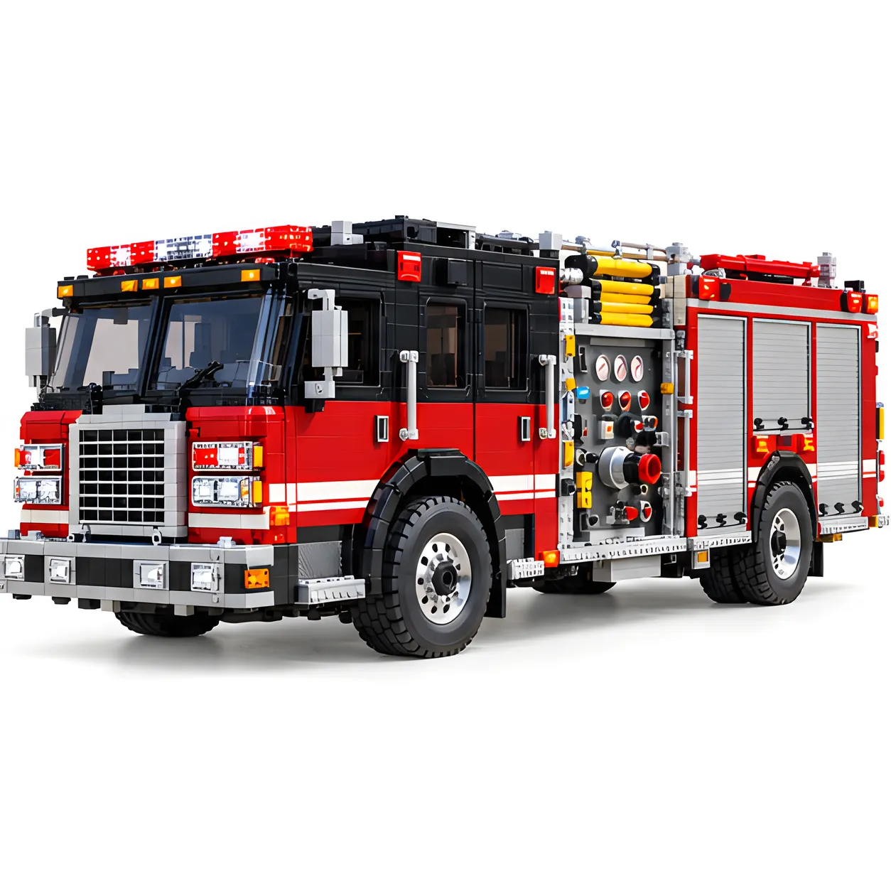 Three-quarter view of a red fire pumper brick build with black crew cab, silver front grille, roll-up equipment doors, and side pump fittings on white.
