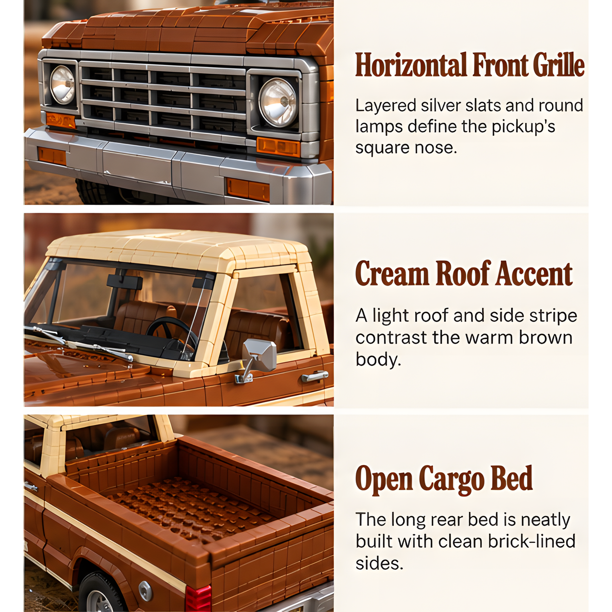 Three views highlighting the horizontal silver grille and round lamps, cream roof and side stripe, and open rear cargo bed.