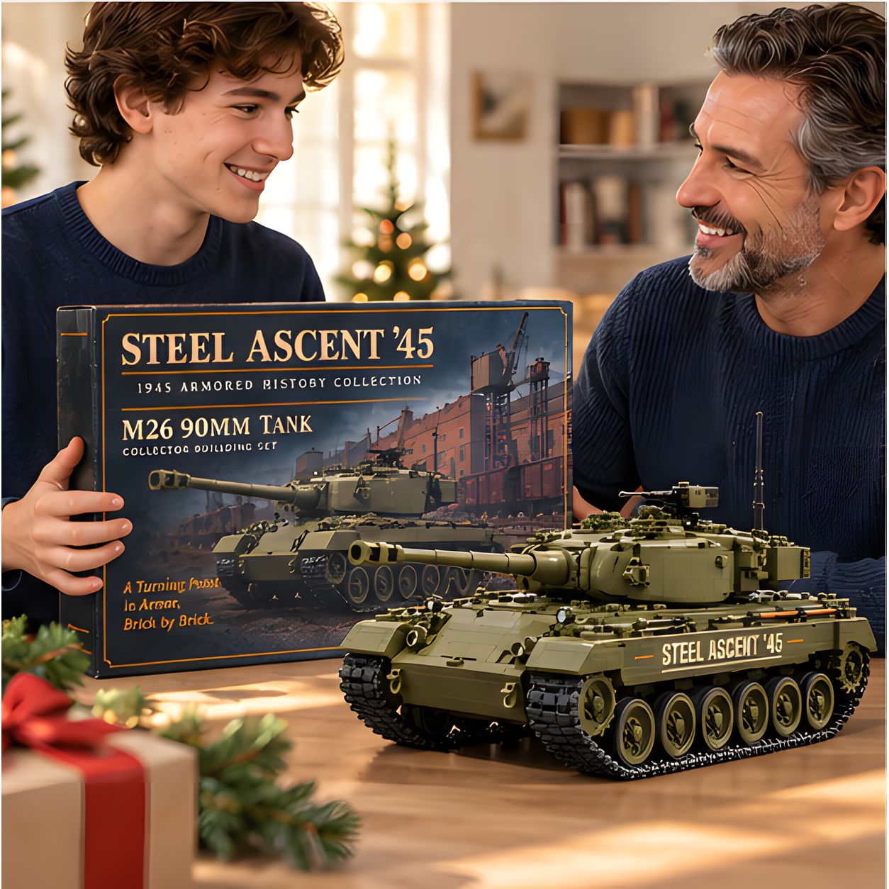 Two people smiling beside an illustrated Steel Ascent ’45 building set box and completed olive-green tank brick build in a holiday setting.