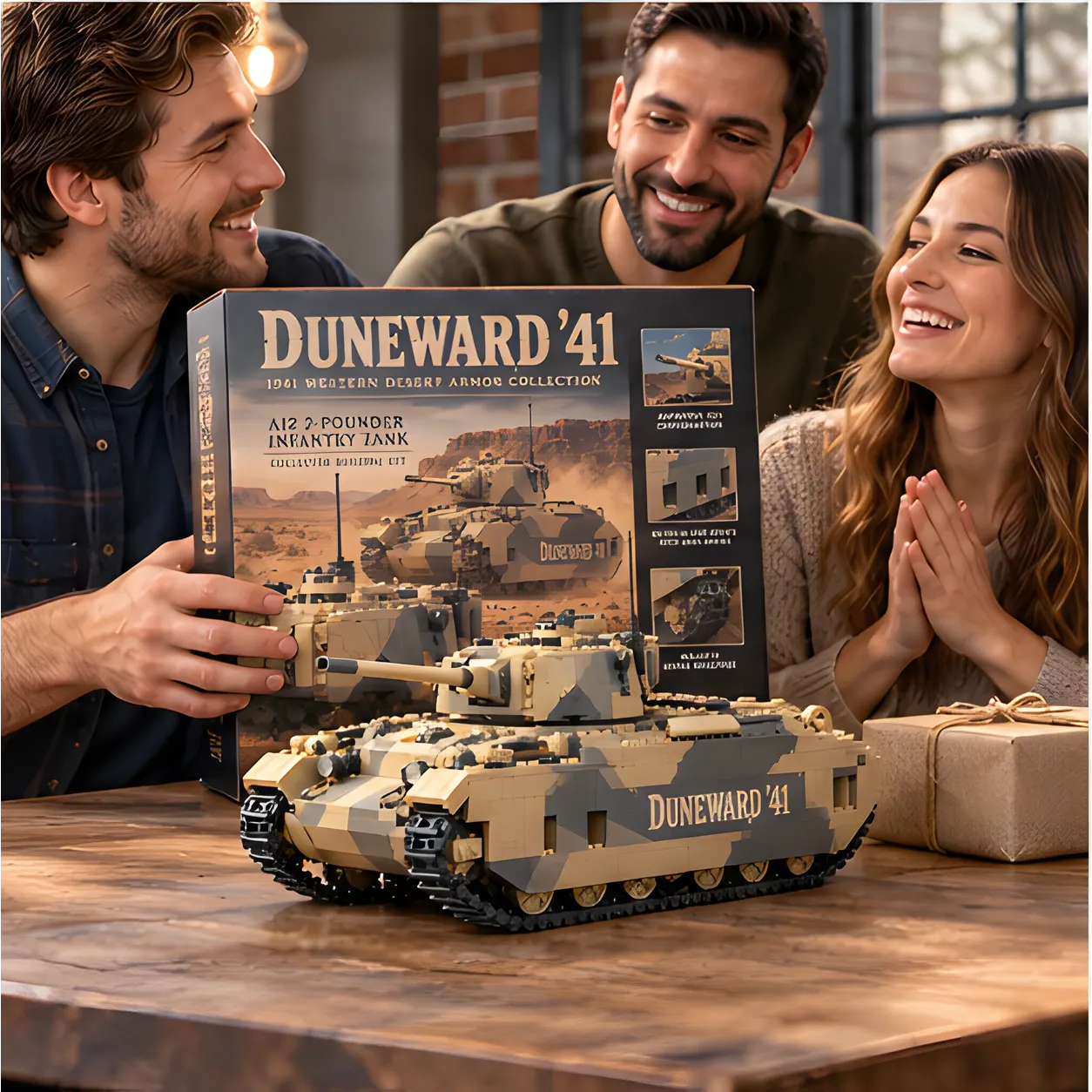 Three adults smiling around a Duneward '41 illustrated gift box and tan-and-gray brick tank on a wooden table, with a wrapped present nearby.