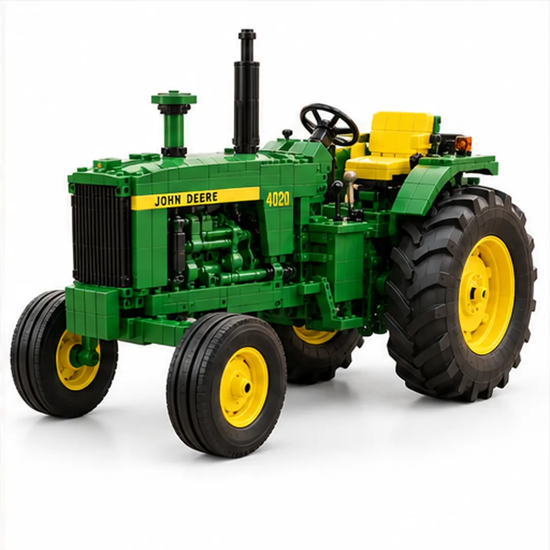 John Deere 4020 tractor building model and collector packaging in a classic American farm setting