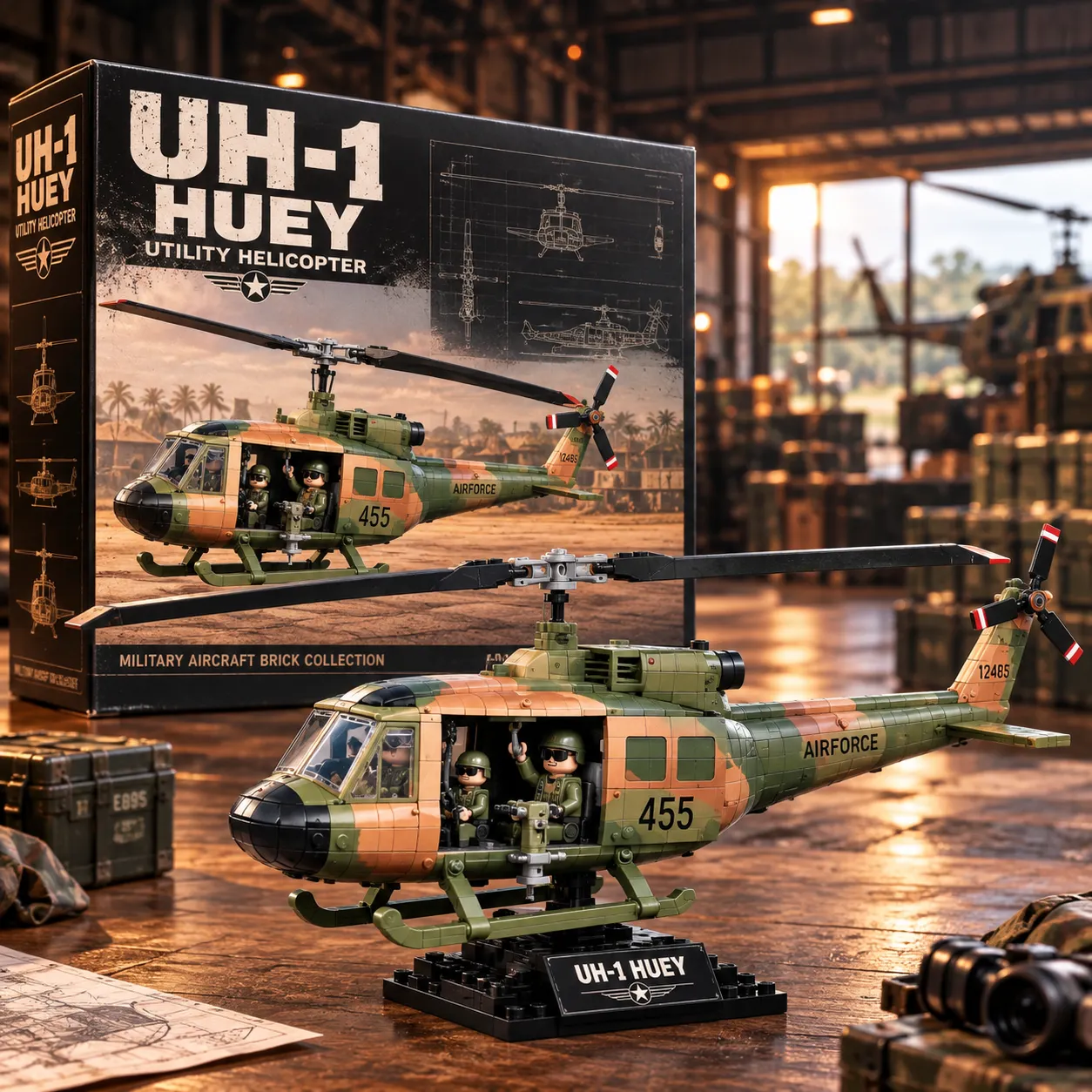 UH-1 Huey camouflage helicopter collector building set