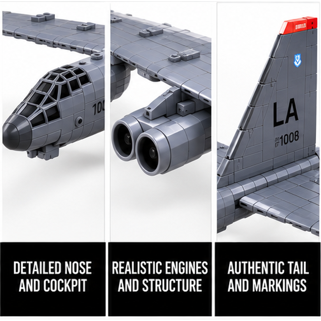 B-52 brick model close-up panels showing angled cockpit windows, twin jet-engine pod detailing, and a tall gray tail marked LA