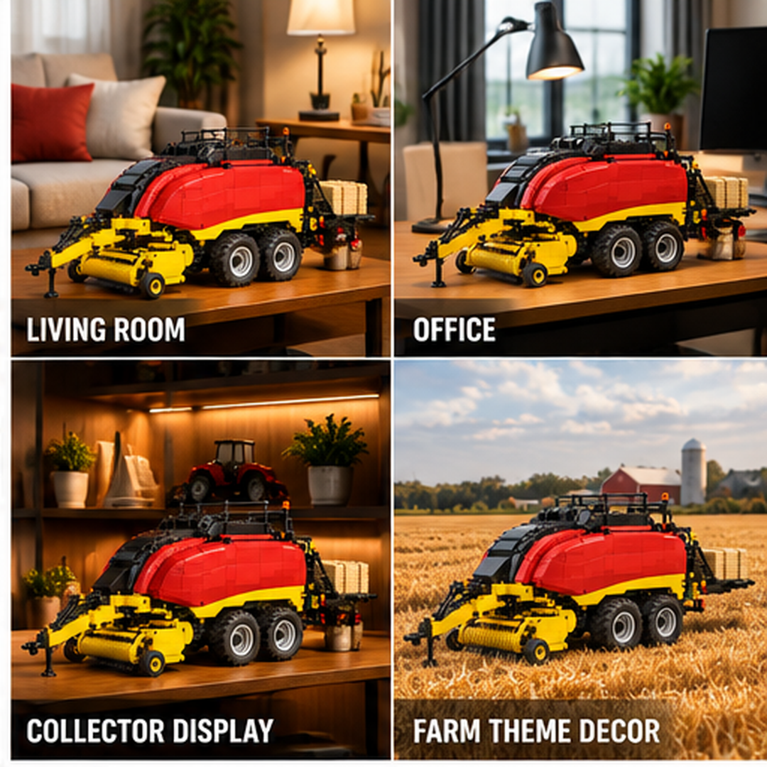 Adult assembling a BigBaler 340 PLUS model with visible bricks and illustrated build pages on the table