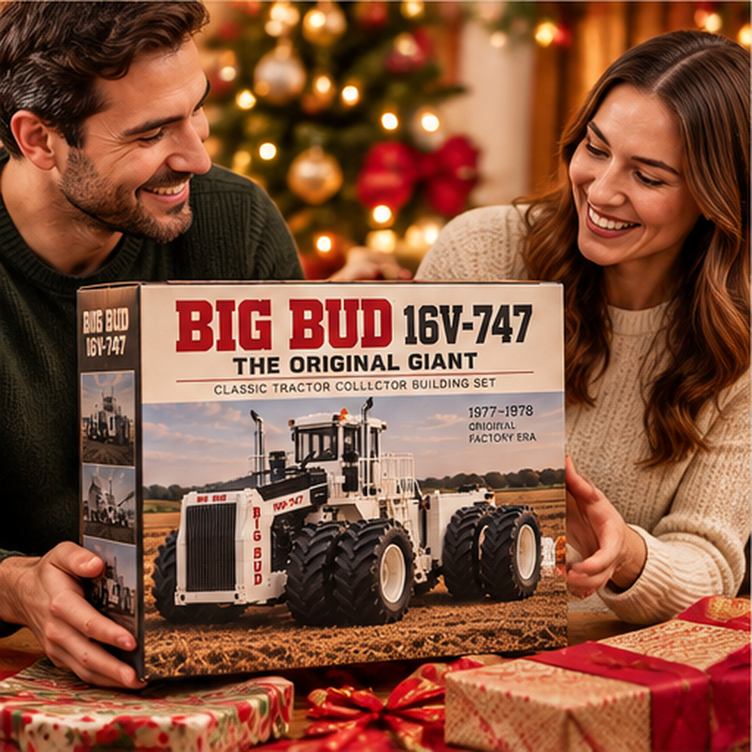 Big Bud 16V-747 brick-built tractor displayed in living room, office, collector shelf and farm-themed setting