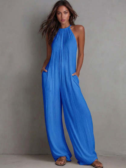 Minimalist Halter-neck Loose Cotton-linen Jumpsuit