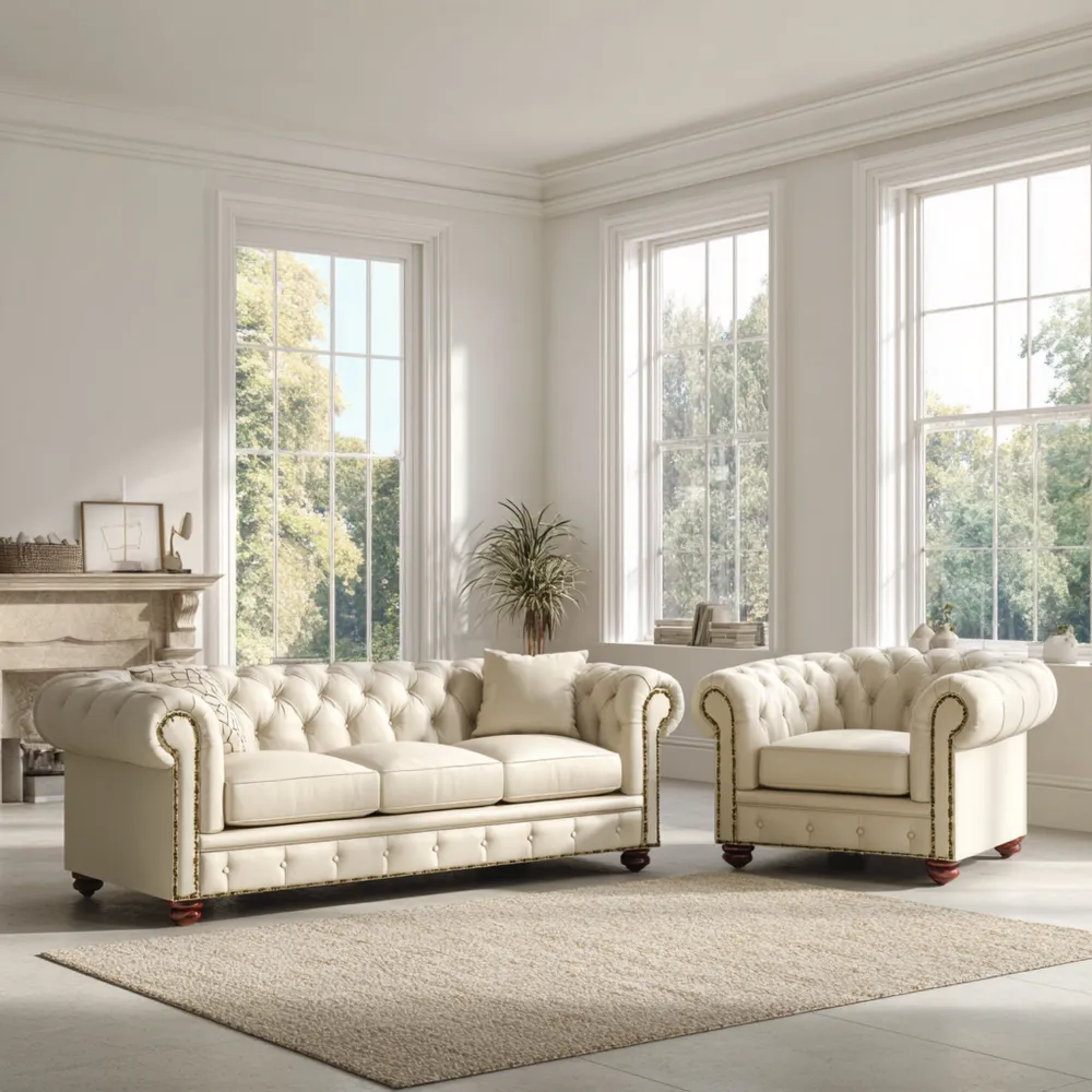 Sofa-Set 220x90x75 cm Lederpolsterung Creme – Chesterfield Stil