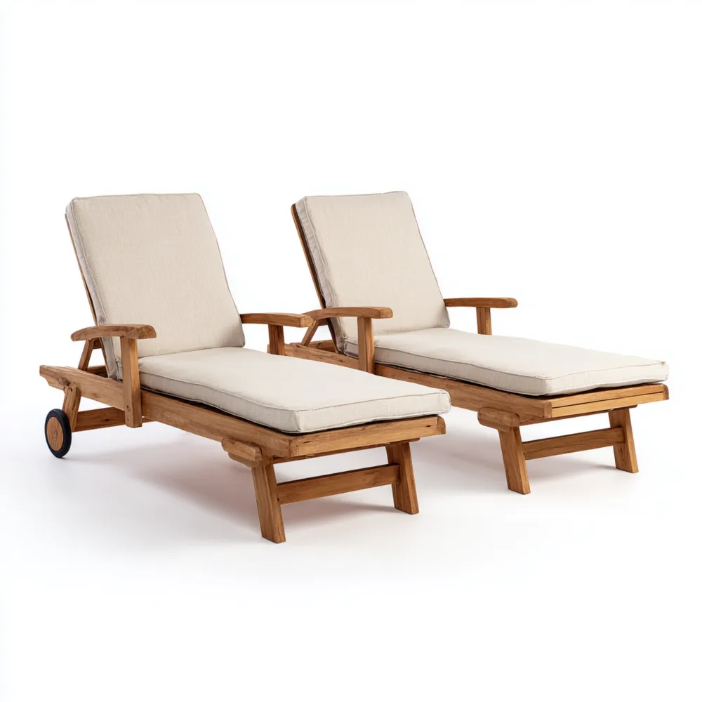 Verstellbares Gartenliege Set aus Holz – 200x70x35 cm – Natur Leinenkissen