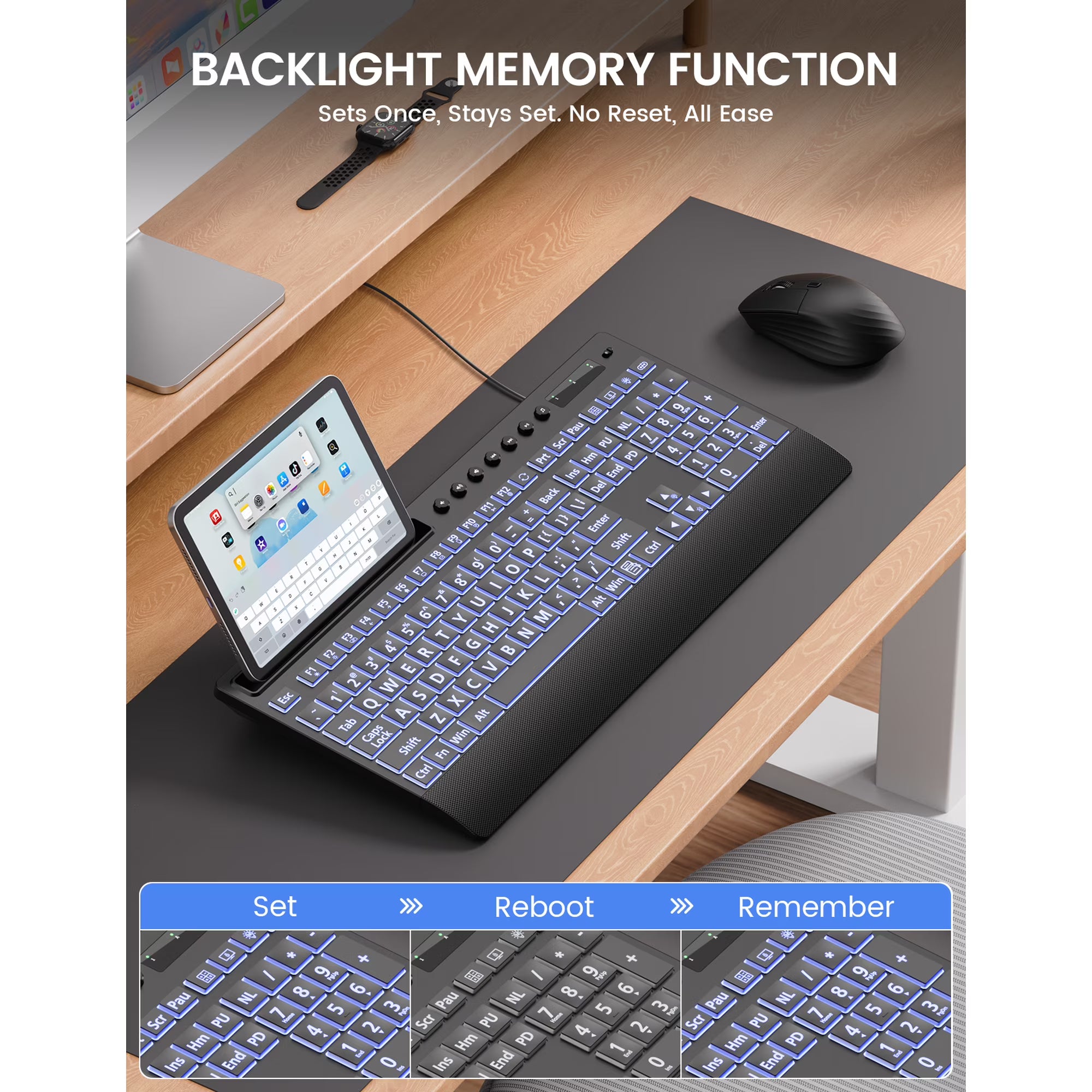 Clavier filaire ergonomique rétroéclairé silencieux à grands caractères avec repose-poignets avec support pour téléphone