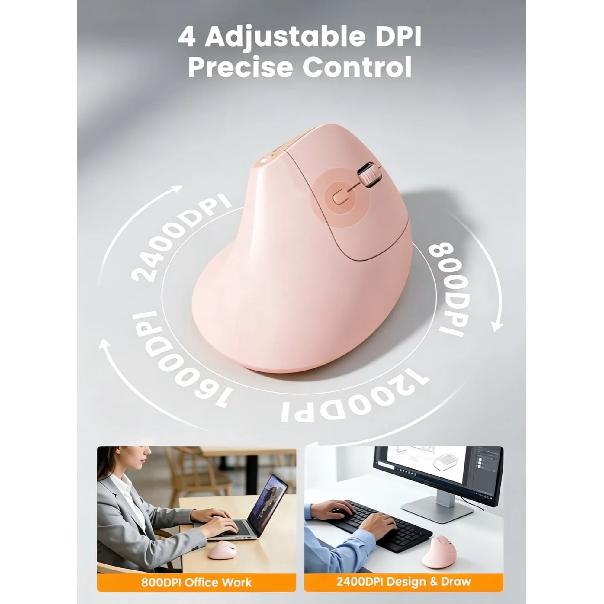 Souris verticale ergonomique sans fil rechargeable silencieuse, 4 niveaux de DPI – rose