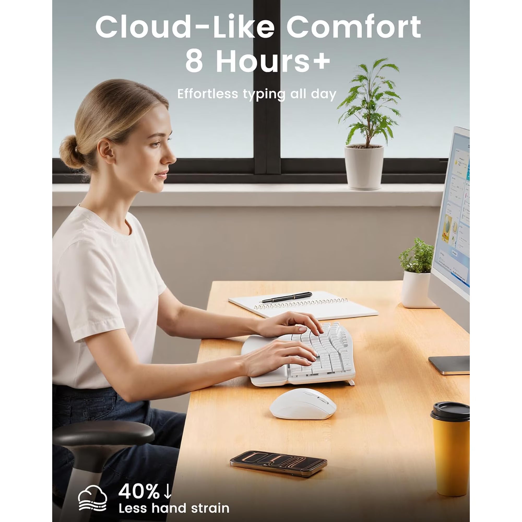 Ensemble clavier et souris sans fil ergonomique silencieux avec repose-poignets, 3 niveaux de DPI – blanc