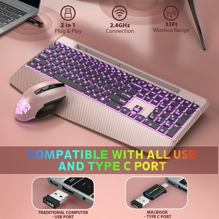 Ensemble clavier et souris sans fil ergonomique rechargeable rétroéclairé RGB silencieux avec repose-poignets avec support pour téléphone