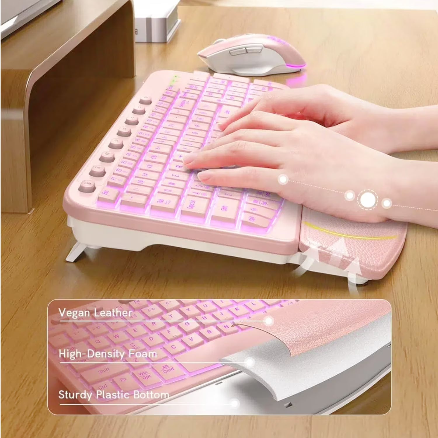Ensemble clavier et souris sans fil ergonomique rechargeable rétroéclairé RGB avec repose-poignets, 2,4 GHz – rose