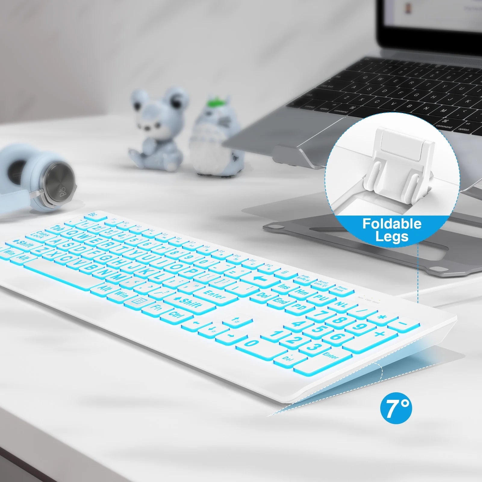 Clavier filaire ergonomique rétroéclairé à grands caractères – blanc