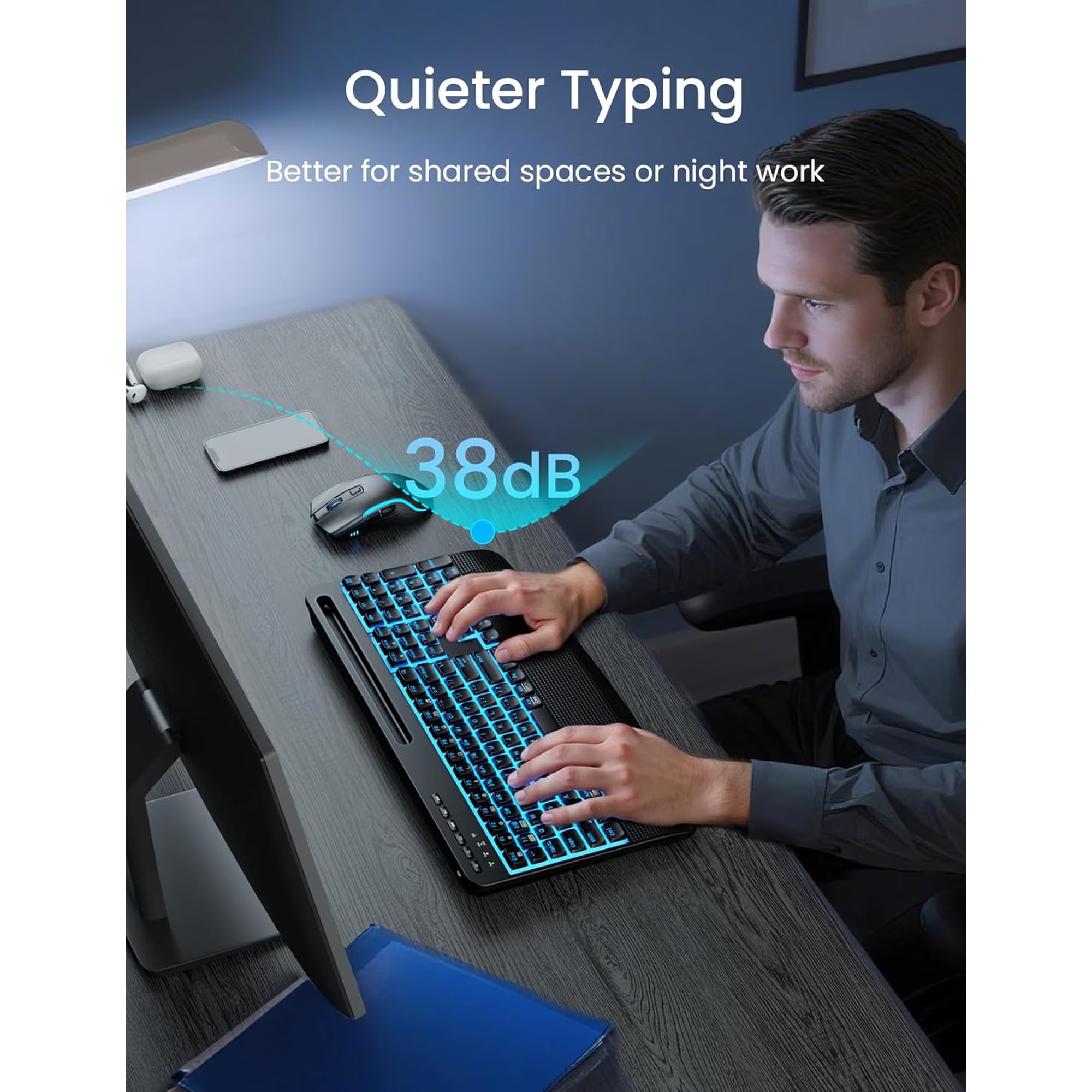 Ensemble clavier et souris sans fil ergonomique rechargeable rétroéclairé RGB silencieux avec repose-poignets avec support pour téléphone, 4000mah – noir