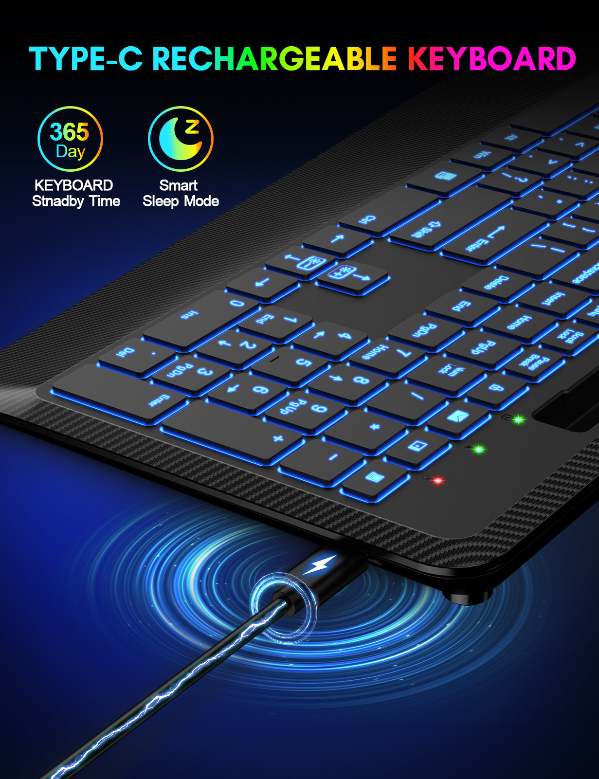 Clavier sans fil ergonomique rechargeable rétroéclairé silencieux avec repose-poignets avec support pour téléphone, 2,4 GHz