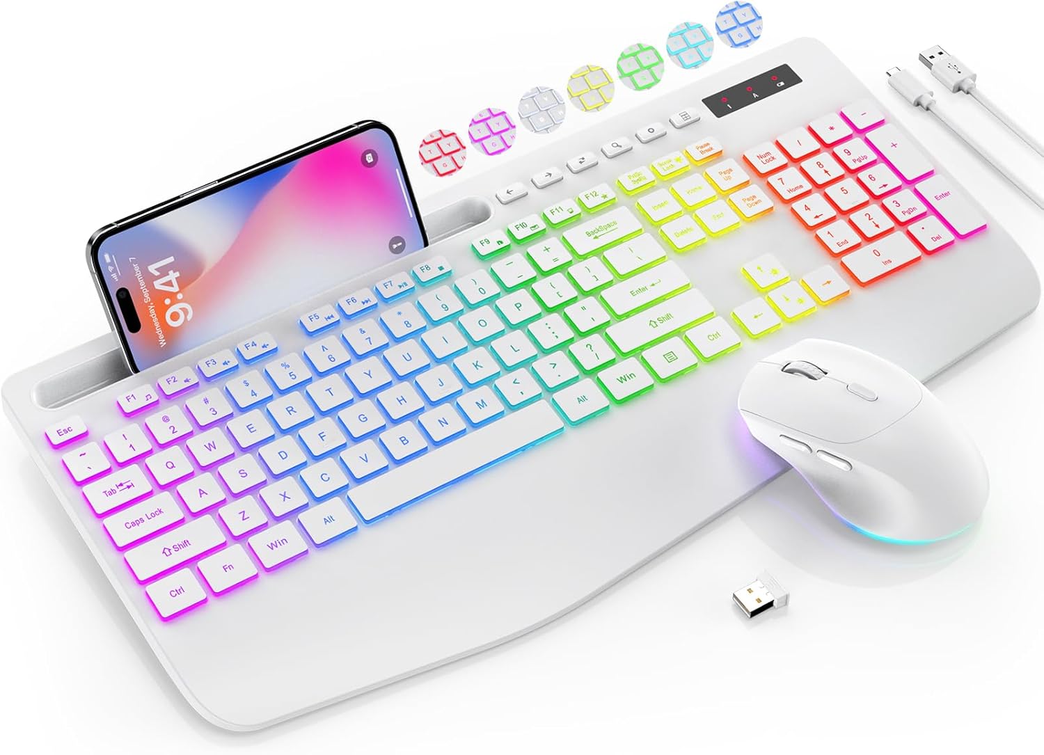 Ensemble clavier et souris sans fil ergonomique rechargeable rétroéclairé silencieux avec repose-poignets avec support pour téléphone – blanc