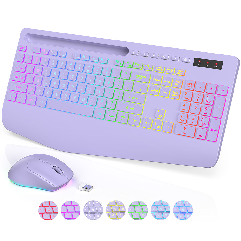 Ensemble clavier et souris sans fil ergonomique rechargeable rétroéclairé silencieux avec repose-poignets avec support pour téléphone – violet