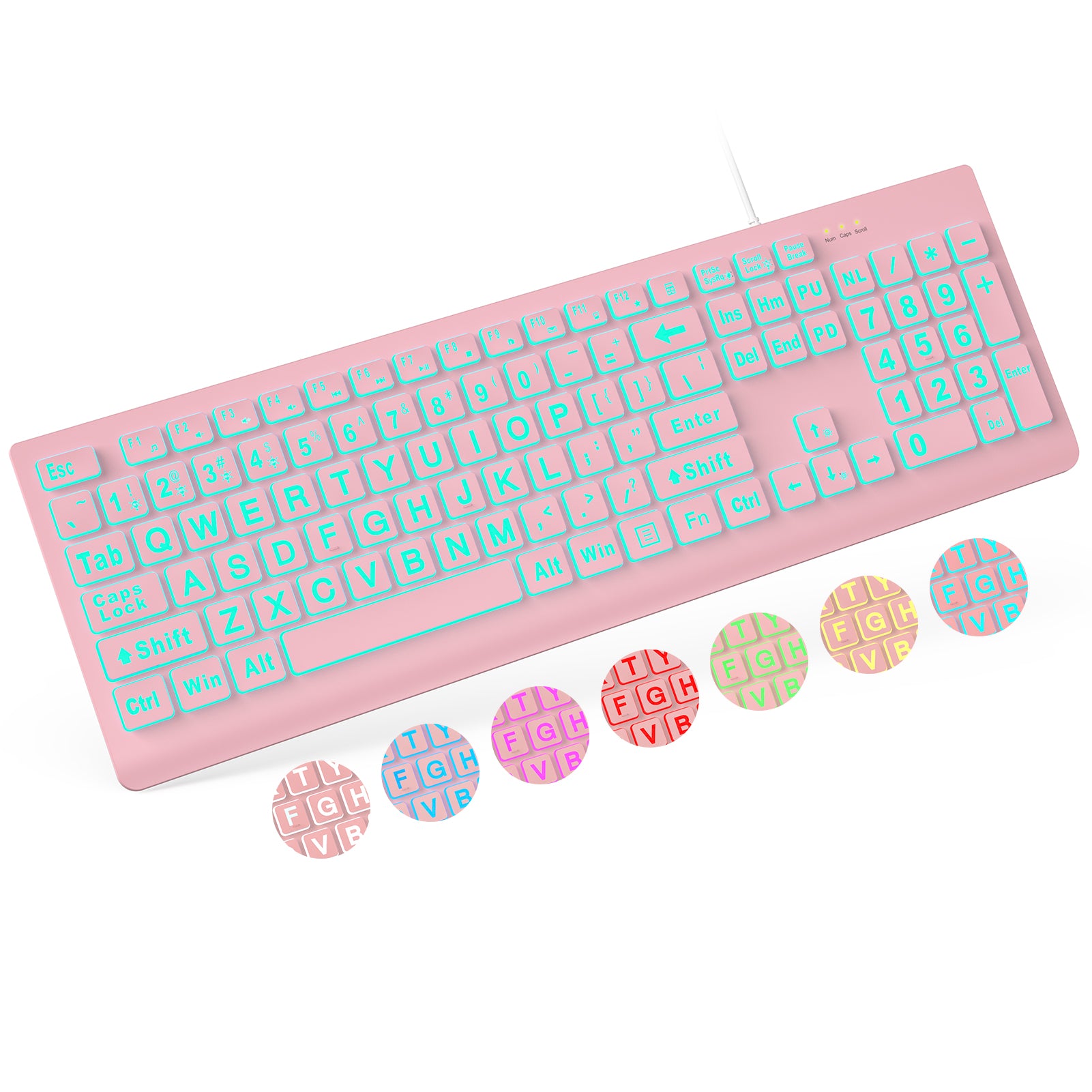 Clavier filaire ergonomique rétroéclairé à grands caractères – rose