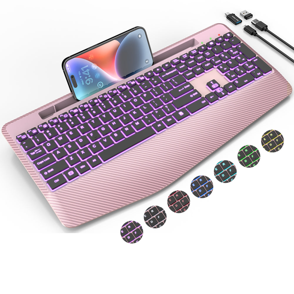 Clavier sans fil ergonomique rechargeable rétroéclairé silencieux avec repose-poignets, 2,4 GHz – or rose