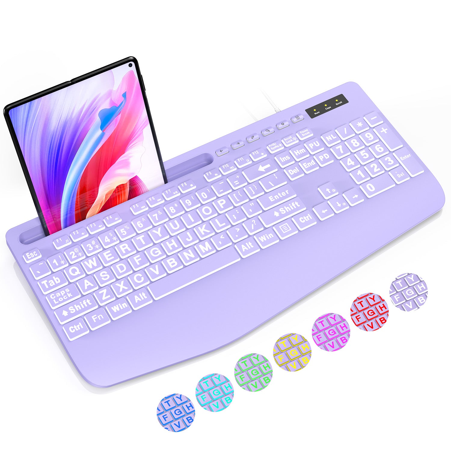 Clavier filaire ergonomique à grands caractères avec repose-poignets – violet