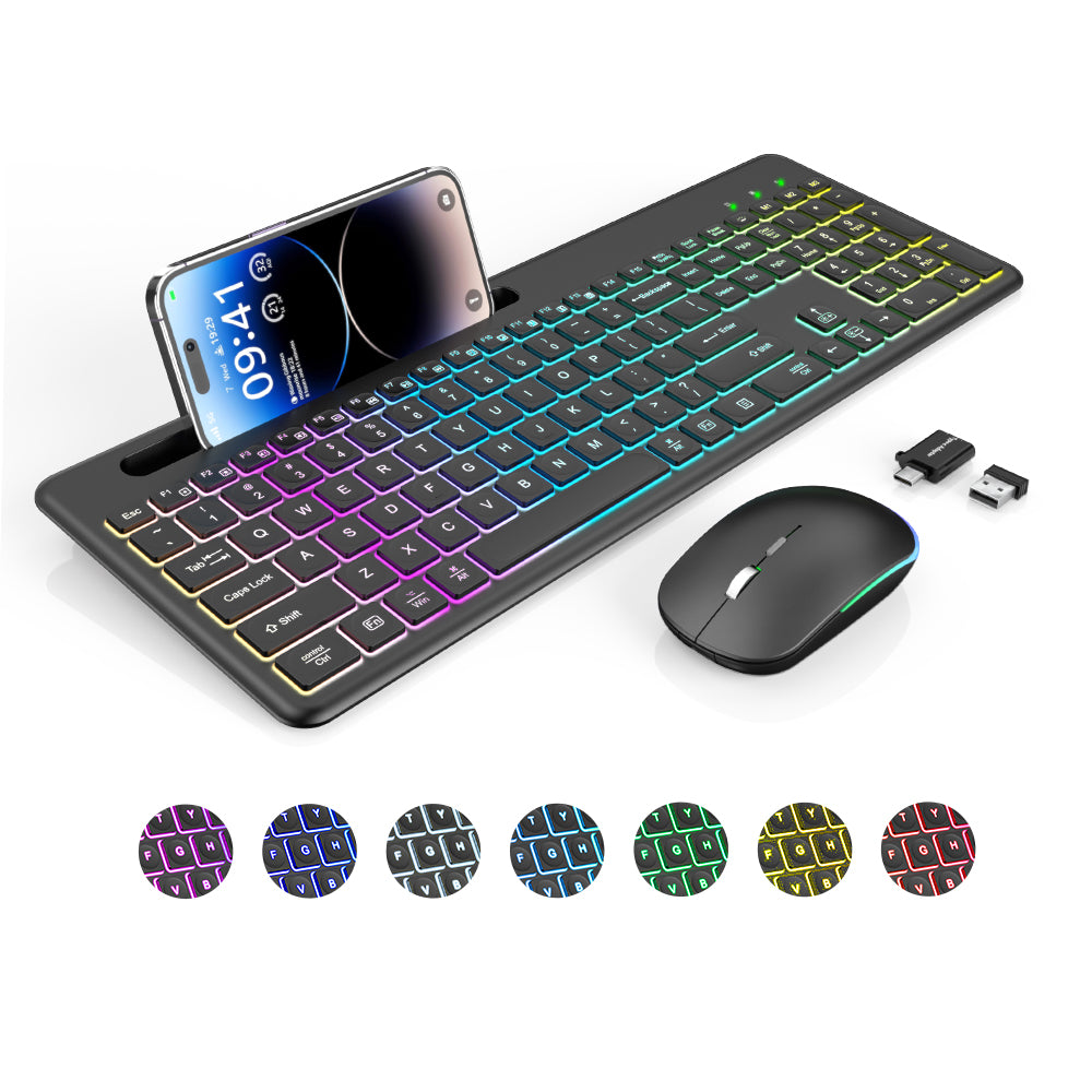 Ensemble clavier et souris sans fil rechargeable rétroéclairé RGB silencieux, 2,4 GHz – blanc