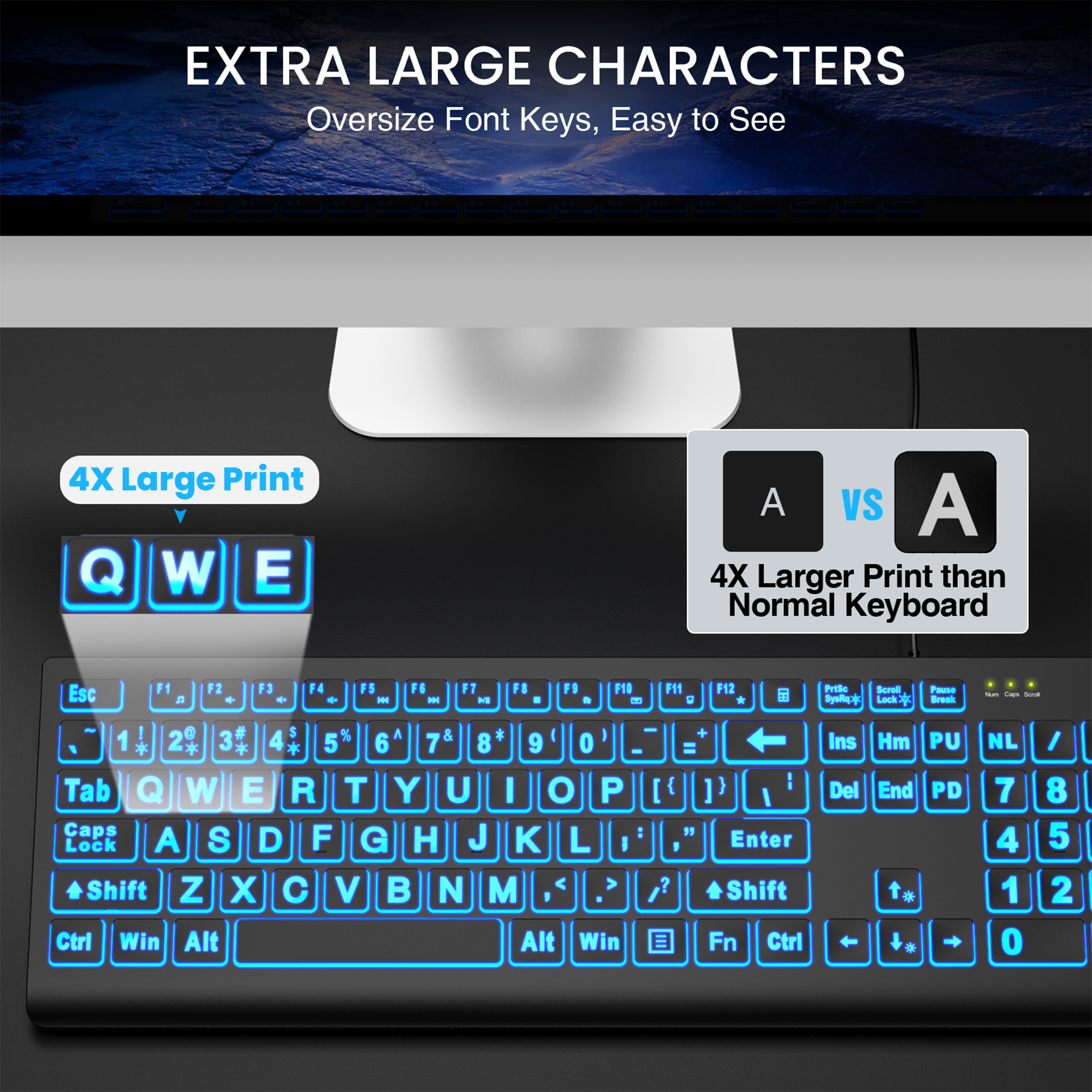 Clavier filaire ergonomique rétroéclairé à grands caractères
