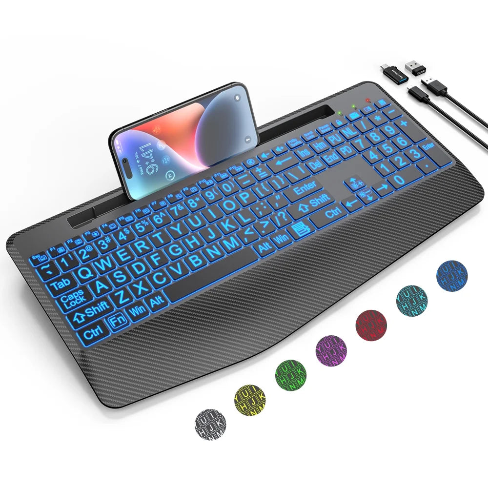 Clavier sans fil ergonomique rechargeable rétroéclairé avec repose-poignets, 2,4 GHz
