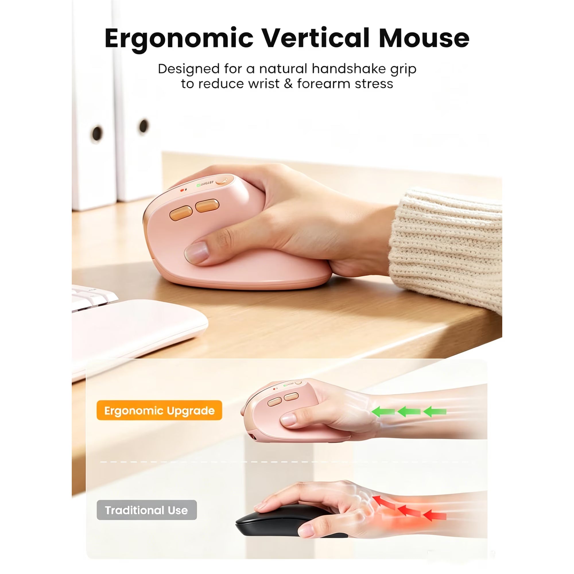 Souris verticale ergonomique sans fil rechargeable silencieuse, 4 niveaux de DPI – rose
