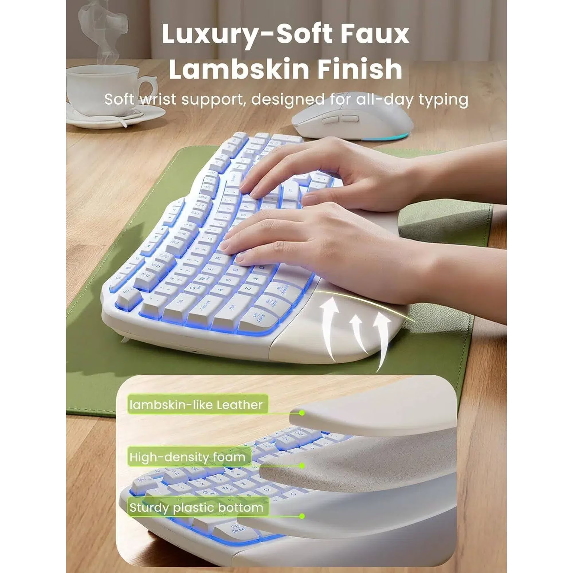 Ensemble clavier et souris sans fil ergonomique rechargeable rétroéclairé RGB avec repose-poignets, 4000mah, 2,4 GHz