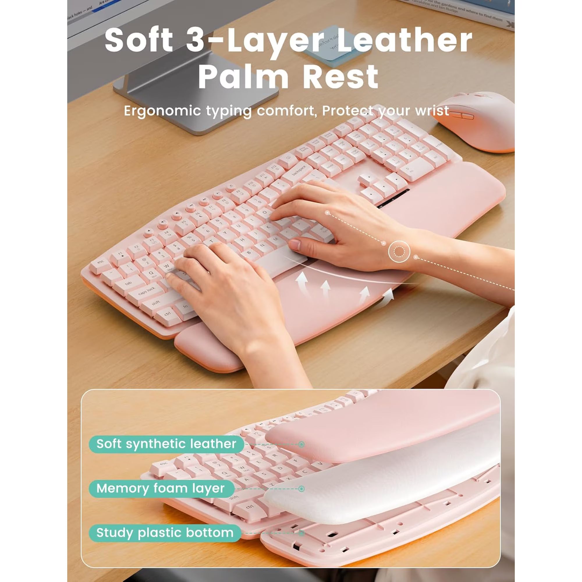 Ensemble clavier et souris sans fil ergonomique silencieux avec repose-poignets, 3 niveaux de DPI – rose