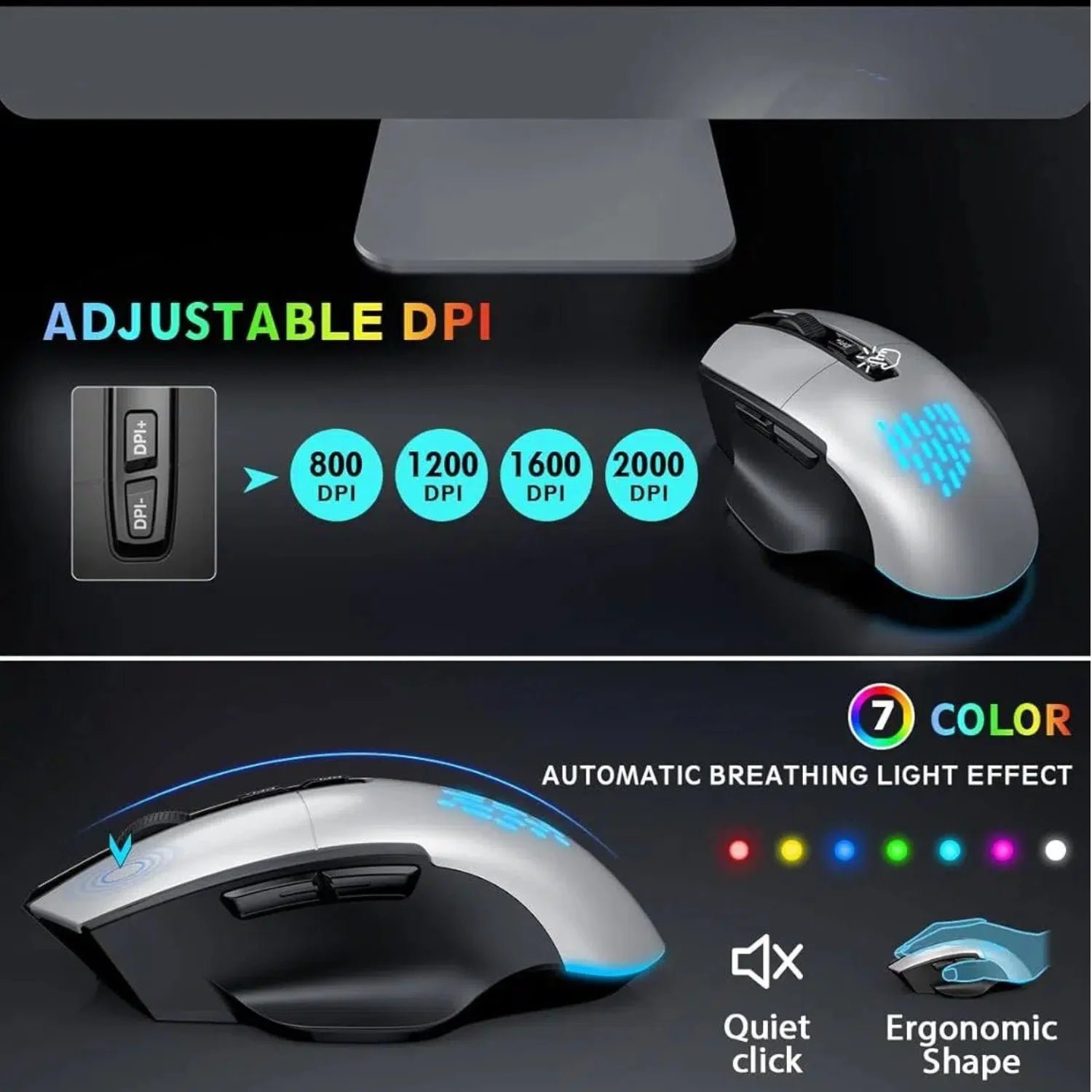 Ensemble clavier et souris sans fil ergonomique rechargeable rétroéclairé RGB silencieux avec repose-poignets avec support pour téléphone – noir