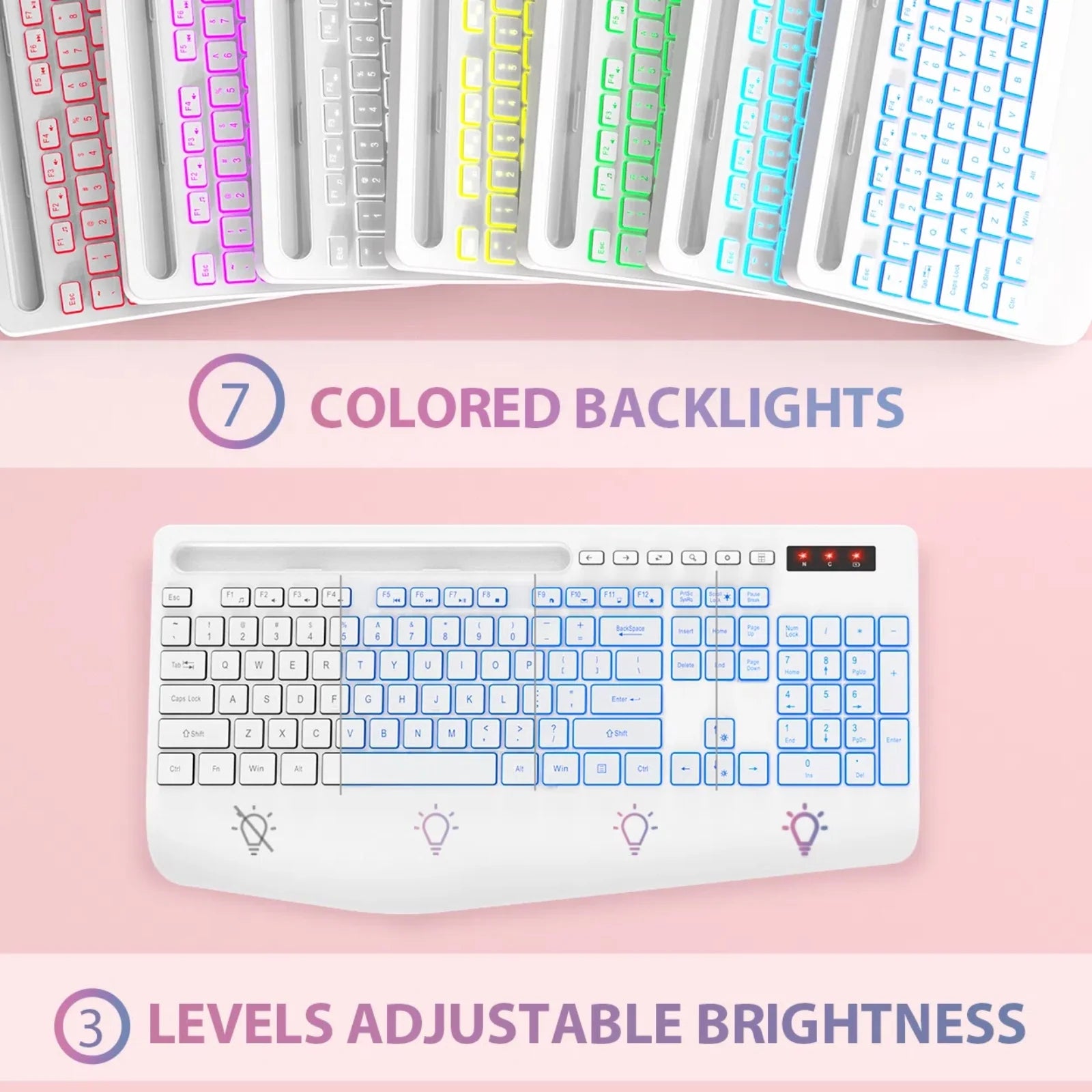 Clavier sans fil ergonomique rechargeable rétroéclairé silencieux avec repose-poignets, 2,4 GHz, 112 touches – blanc