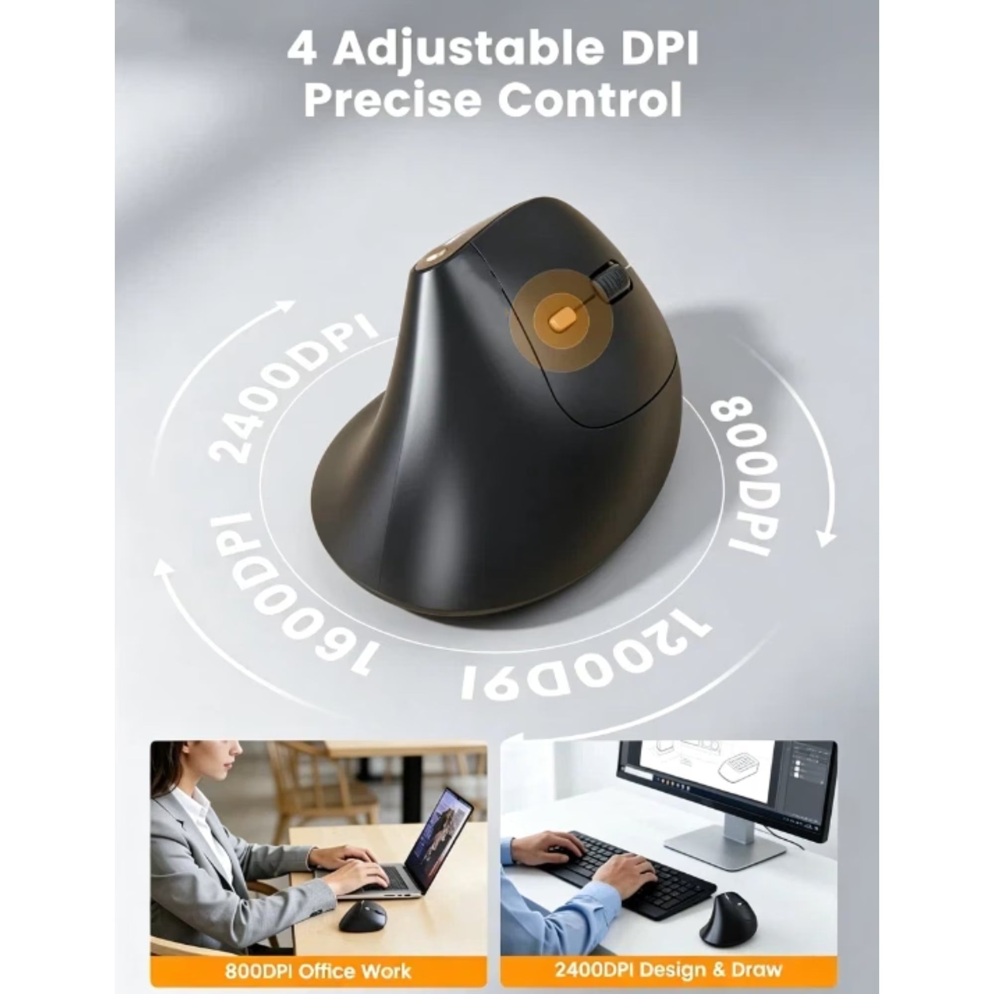 Souris verticale ergonomique sans fil rechargeable silencieuse, 4 niveaux de DPI – noir