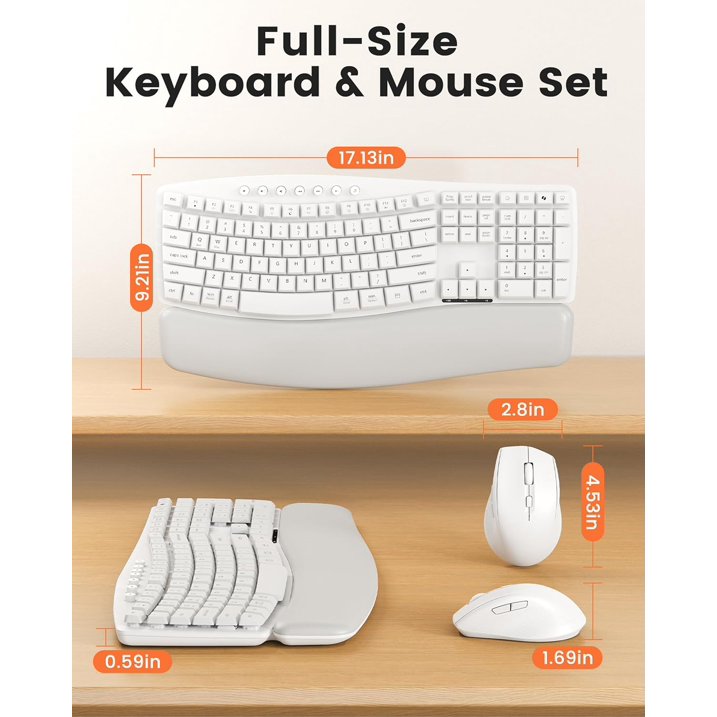 Ensemble clavier et souris sans fil ergonomique silencieux avec repose-poignets, 3 niveaux de DPI – blanc