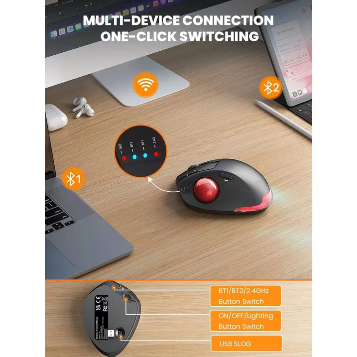 Souris trackball ergonomique sans fil rechargeable silencieuse – rouge