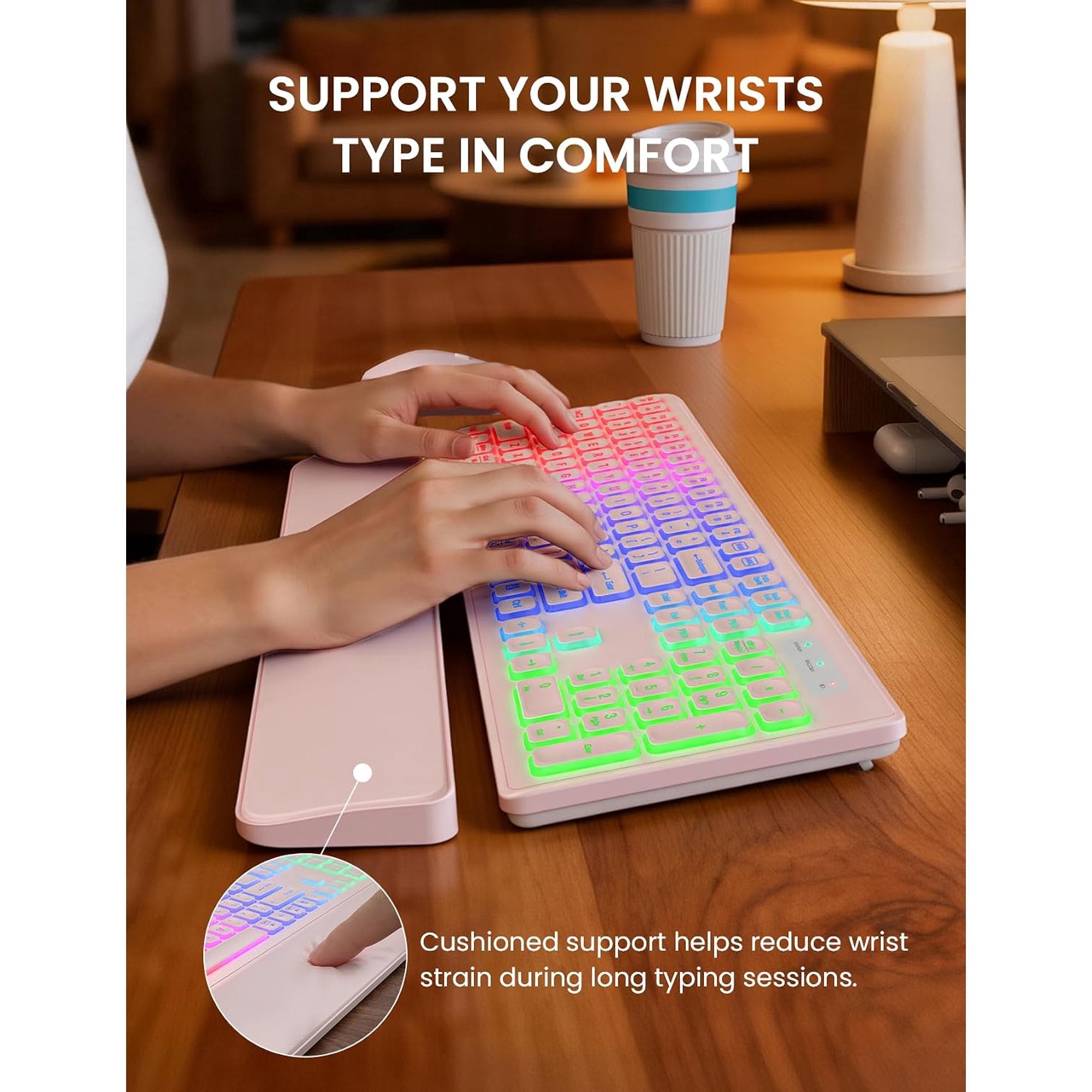 Ensemble clavier et souris sans fil rechargeable rétroéclairé RGB silencieux, 2,4 GHz – rose