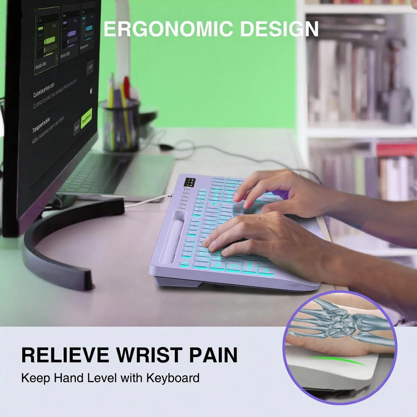 Clavier filaire ergonomique rétroéclairé à grands caractères avec repose-poignets – violet