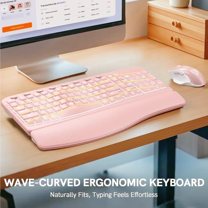 Ensemble clavier et souris sans fil ergonomique rechargeable rétroéclairé RGB avec repose-poignets, 2,4 GHz – rose